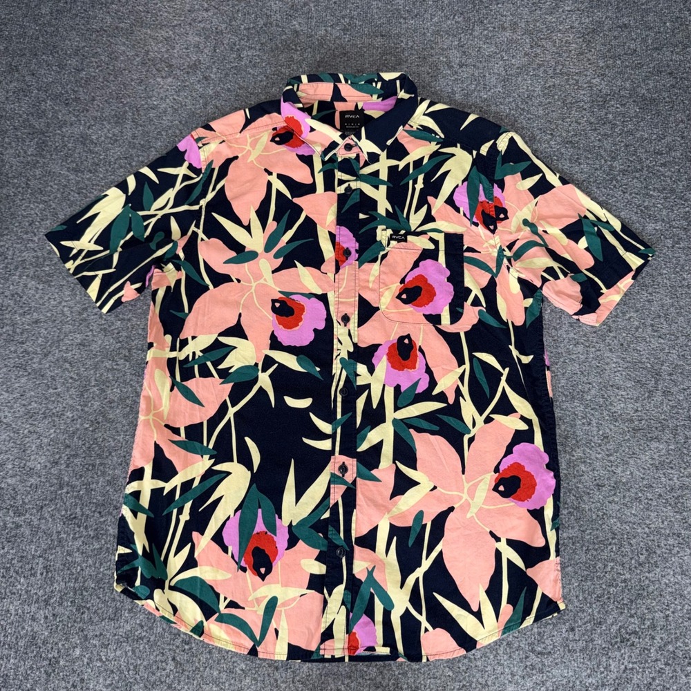 RVCA Mens Floral Bamboo Print Short Sleeve Button Up Shirt Navy Pink Medium